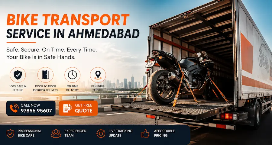 Bike transport service in Ahmedabad — our team handling a two-wheeler for transport