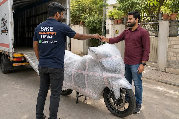 Bike transport service in Ahmedabad — motorcycle ready for doorstep pickup