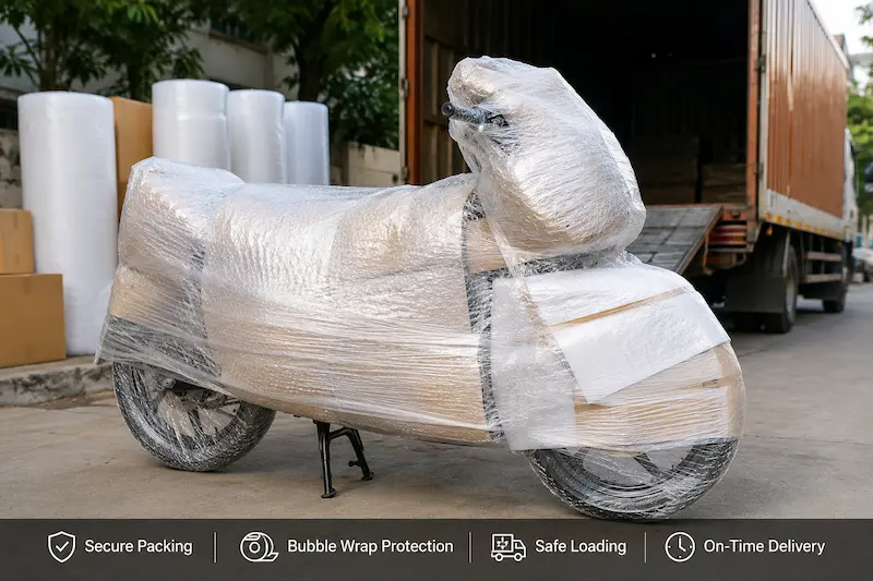 Bike transport service in Ahmedabad — motorcycle ready for doorstep pickup