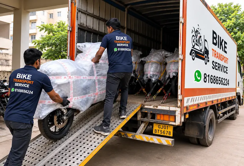 Motorcycle being loaded and strapped for transport