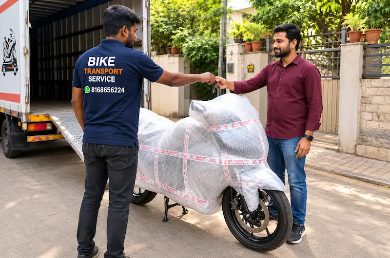 Bike transport service in Ahmedabad — motorcycle ready for doorstep pickup